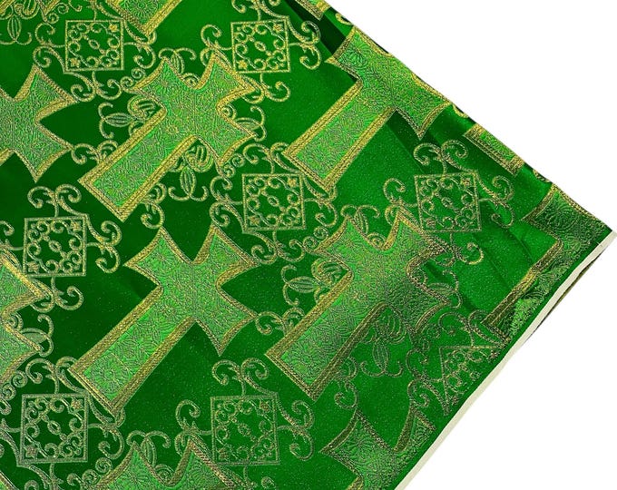 Green Gold Liturgical Metallic Cross Brocade Fabric By The Yard, Religious Brocade, Cross Brocade Jacquard, Ecclesiastical Jacquard-Church