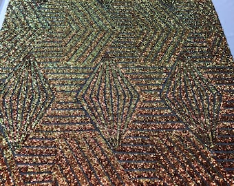Iridescent Orange Geometric Design On Black Mesh-Prom-Gown, 2 Way Stretch Sequin Fabric By The Yard