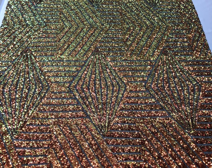 Iridescent Orange Geometric Design On Black Mesh-Prom-Gown, 2 Way Stretch Sequin Fabric By The Yard