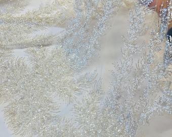 Beaded Ivory Lace Fabric | Pearls & Sequin Embroidery
