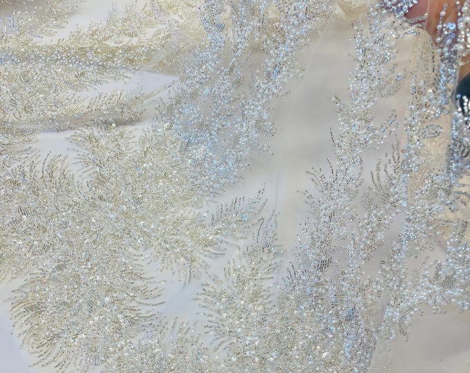Beaded Ivory Lace Fabric | Pearls & Sequin Embroidery
