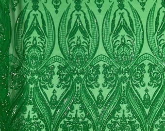 Green Damask Sequins Fabric: 4-Way Stretch Spandex Mesh, Sold By The Yard