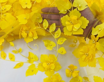 Yellow Orquidia 3D Floral Design Embroider With Pearls On a Mesh Lace Fabric, Orquidia Big 3D Flower Lace Fabric Prom-Dress By The Yard