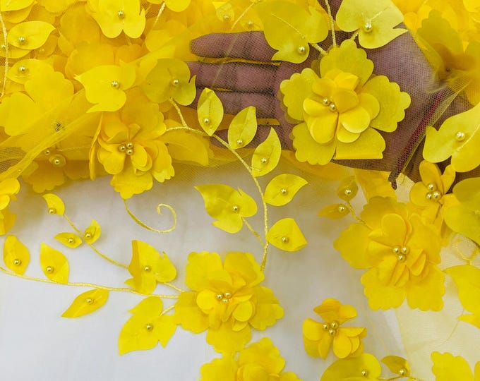 Yellow Orquidia 3D Floral Design Embroider With Pearls On a Mesh Lace Fabric, Orquidia Big 3D Flower Lace Fabric Prom-Dress By The Yard