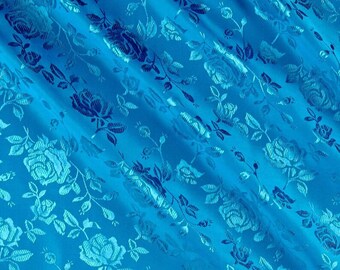 Turquoise Floral Brocade Jacquard Satin Fabric - 58/60" Wide