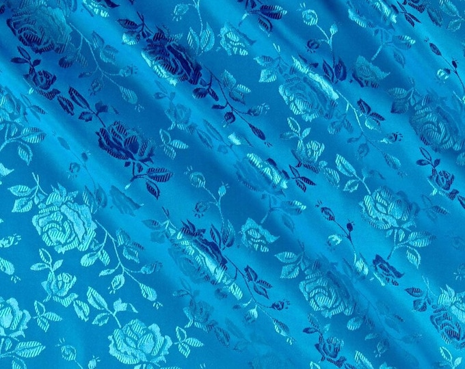 Turquoise Flower Brocade Jacquard Satin Fabric, Sold By The Yard Polyester Satin Floral Wide 58/60"  (Choose The Quantity)