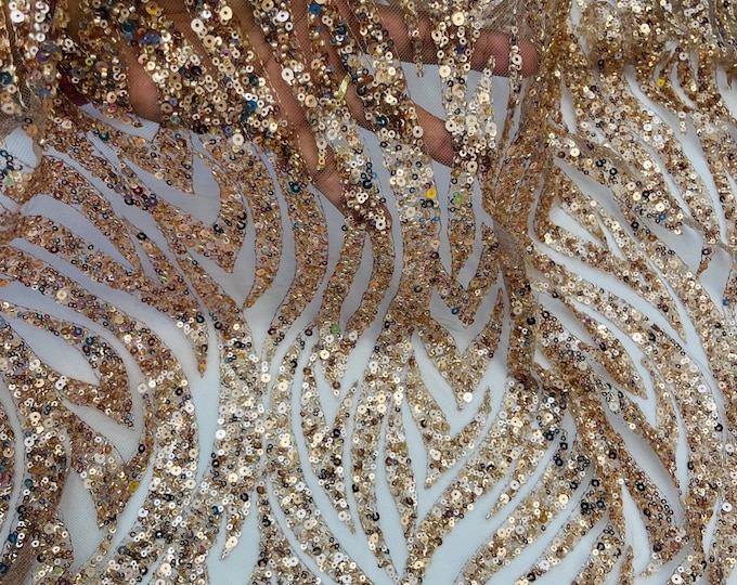 Rose Gold Beaded Lace Fabric: Embroidered Mesh, Wedding, Bridal Dress