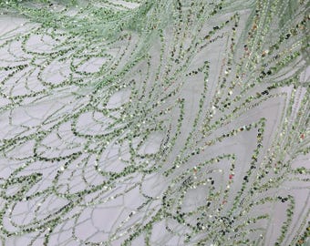 Sage Green Fashion Design Beads and Sequins, Luxury Beaded Fabric Embroidered on a Mesh Lace,Wedding,Bridal,Dress Sold By The Yard