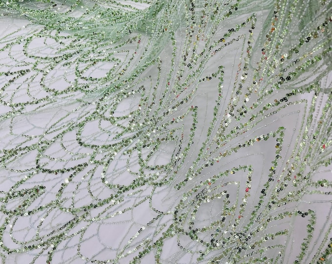 Sage Green Fashion Design Beads and Sequins, Luxury Beaded Fabric Embroidered on a Mesh Lace,Wedding,Bridal,Dress Sold By The Yard