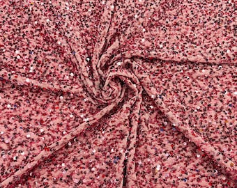 Dusty Rose Stretch Velvet Fabric: Luxury 5mm Sequins, 2-Way Stretch