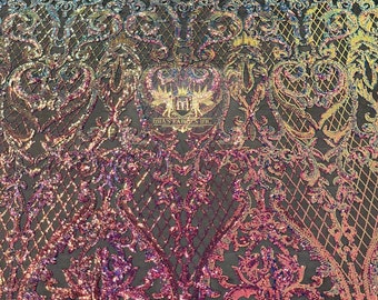 Rainbow Iridescent Sequin Fabric: Black 4-Way Stretch Embroidered Damask Lace