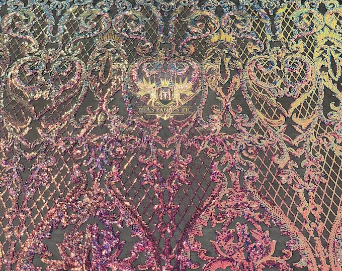 Rainbow Iridescent Sequins Fabric | Black 4Way Stretch Mesh | Embroidered Damask Design With Iridescent Sequin Lace Prom-Gown by the yard