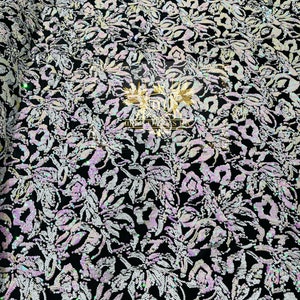 Iridescent Pink/White Sequins Flip Two Tone, Floral Design on Black Stretch Velvet By The Yard