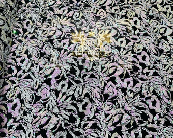 Iridescent Pink/White Sequins Flip Two Tone, Floral Design on Black Stretch Velvet By The Yard