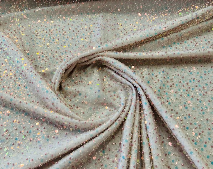 Blush Iridescent Embroidery Beaded Fabric By The Yard With Sequin Fabric, Sequin on Mesh Fabric, Handmade Lace, Beads on a Mesh