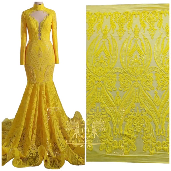 Yellow Sequin Damask Design  - 4 Way Stretch Fancy Big Damask Design Sequins on Spandex Mesh Prom Gala Gown Fabric By The Yard