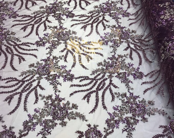 Plum Hand Beaded Lace, Embroidered Floral Design Fancy Sequins Fabric with Beads Sold in Many Colors By The Yard