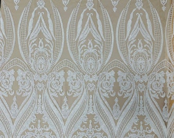 White Sequin Nude Mesh 4 Way Stretch Fancy Big Damask Design Sequins on Spandex Mesh Prom Gala Gown Fabric By The Yard