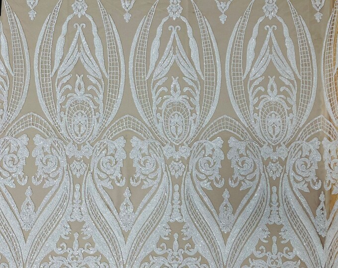 White Sequin Nude Mesh 4 Way Stretch Fancy Big Damask Design Sequins on Spandex Mesh Prom Gala Gown Fabric By The Yard
