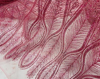 Dusty Rose Glitter Sequin on Mesh Lace Fabric By The Yard for Wedding Decor, Damask Glitter Sequin Fabric Bridal/Prom, Shimmer Glitter
