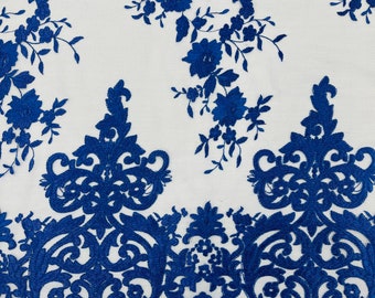 Royal Blue Damask Embroidered Mesh Lace Fabric, Floral Scalloped Edge