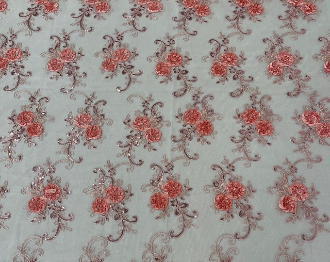 Pink with Peach Flowers Floral Lace Fabric - By The Yard - Embroidery Flower With Sequins on a Mesh Lace Fabric For Gown, Wedding-Bridal