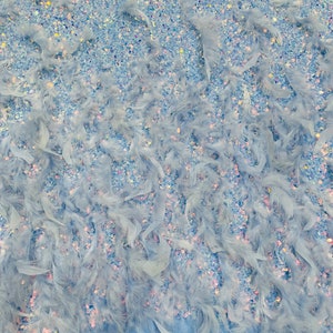 Clear Iridescent Sequins Velvet Fabric With Feathers on Blue Stretch Velvet | by the yard | all Over 5mm Sequins | Feather Sequin Velvet
