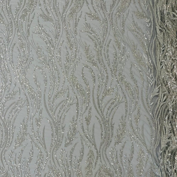 SILVER Wavy Plant Lines Beaded Fabric - Embroidered Beaded Wedding Bridal Fabric Sold By The Yard
