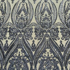 Navy Blue Sequins - 4 Way Stretch Fancy Big Damask Design Sequins on Spandex Mesh Prom Gala Gown Fabric By The Yard
