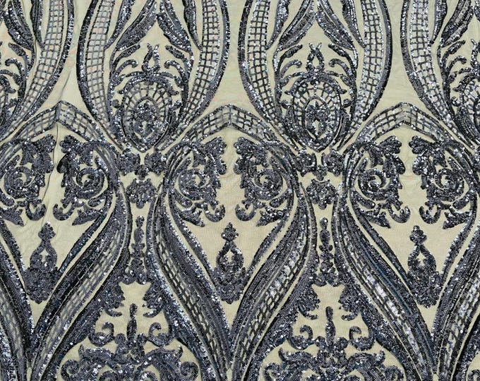 Navy Blue Sequins - 4 Way Stretch Fancy Big Damask Design Sequins on Spandex Mesh Prom Gala Gown Fabric By The Yard
