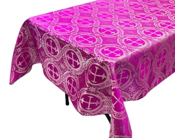 Fuchsia Gold Cross Brocade Tablecloth - Religious Jacquard Fabric