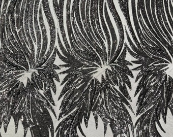 Black Sequins Fabric on Black Mesh By The Yard | Angel Wings Design Embroidered With Sequin on a Mesh 4way Stretch-Prom-Gown