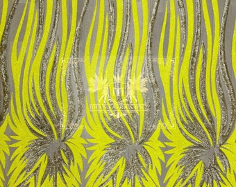 Yellow/Matte Gold Sequins on Nude Mesh Angel Wings 4 Way Stretch Sequin Design Embroidered on a Mesh Prom Gala Gown Sold By The Yard