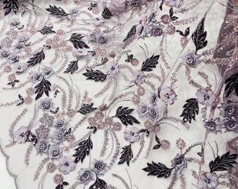 Multi Color Dk Lilac 3D Floral Beaded Lace Fabric: Beaded Sequins on a Mesh
