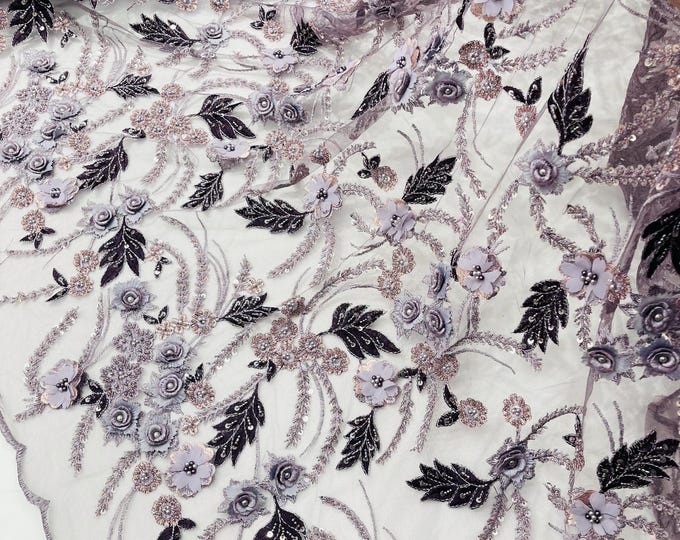 Multi Color Dk Lilac 3D Floral Beaded Lace Fabric: Beaded Sequins on a Mesh