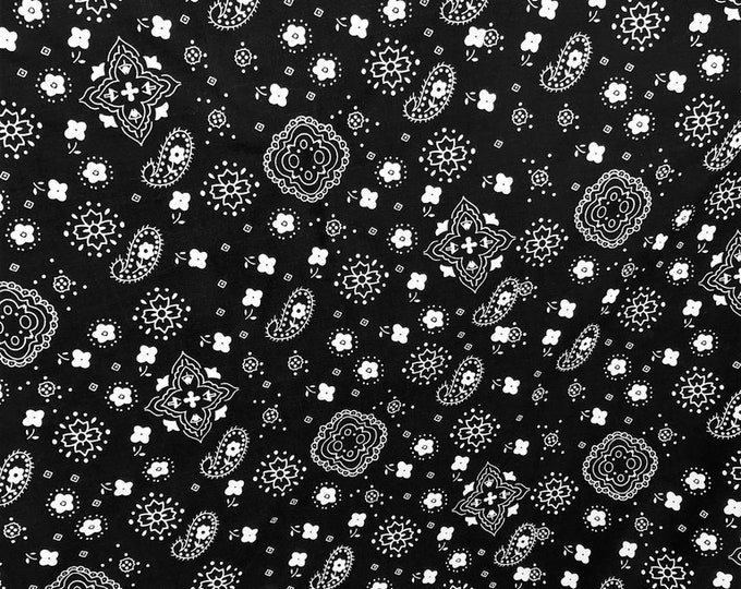 Black Bandana Print Fabric Cotton/Polyester Sold By The Yard