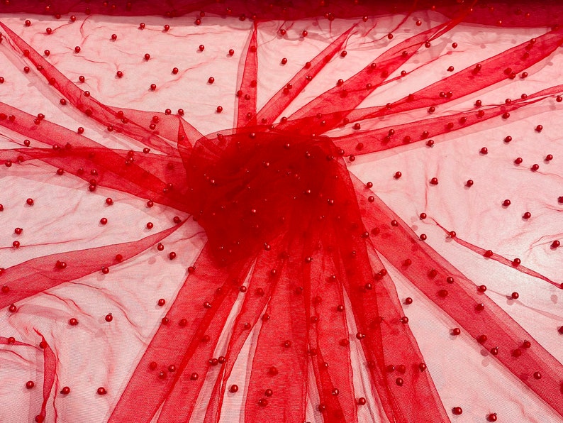 Red Beaded Pearl Mesh Lace Fabric Bridal Veil Lace Wedding Etsy