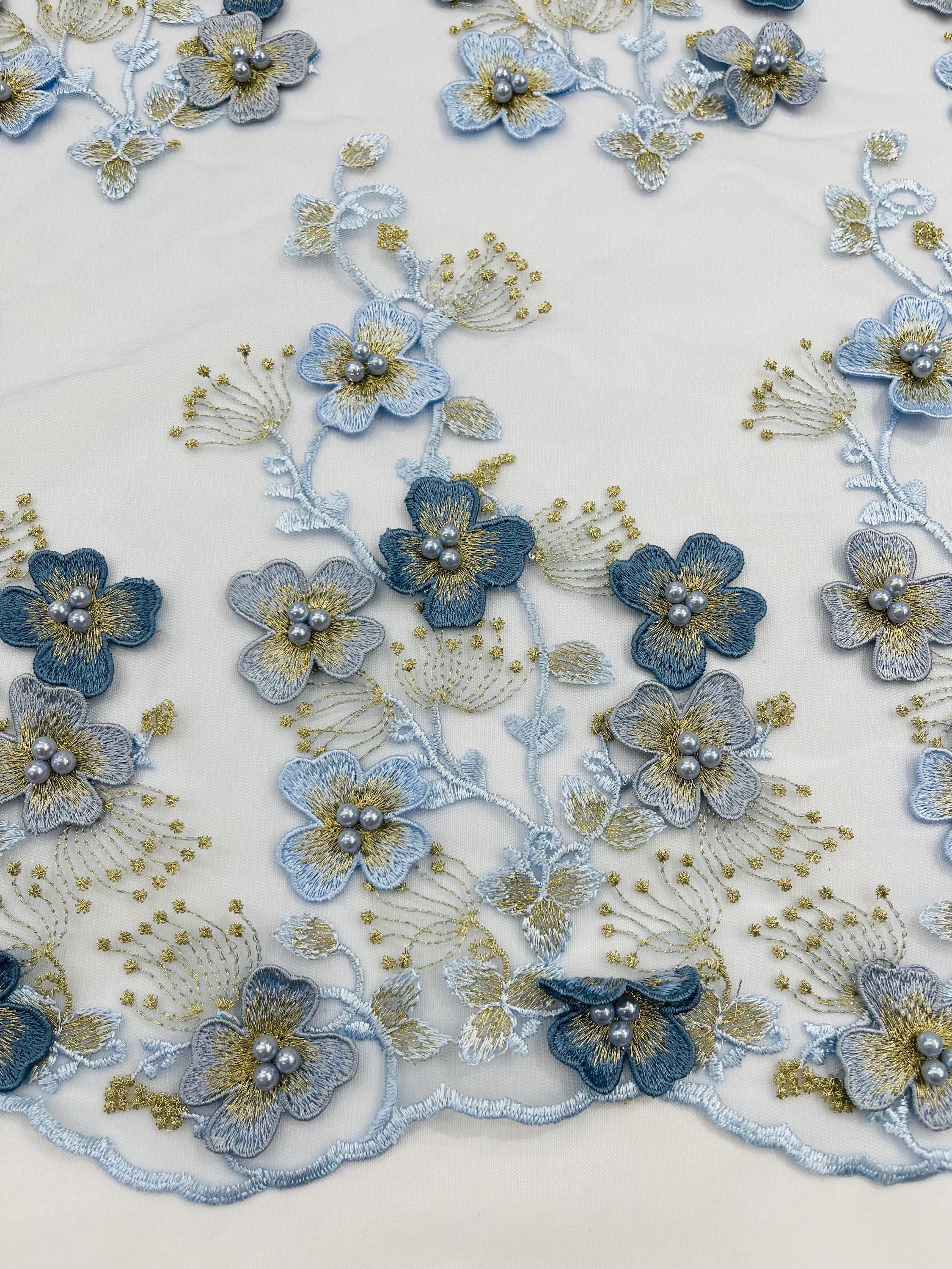 Baby Blue Multi Color 3D Floral Design Sold by the Yard | Embroider ...