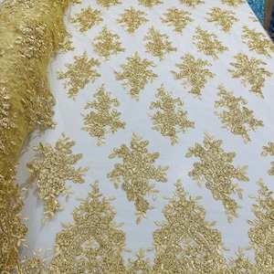 Gold With Metallic Thread Flower Design Embroidered on Mesh Lace Fabric, Floral Bridal Lace Wedding Dress by the Yard (Pick a Size)