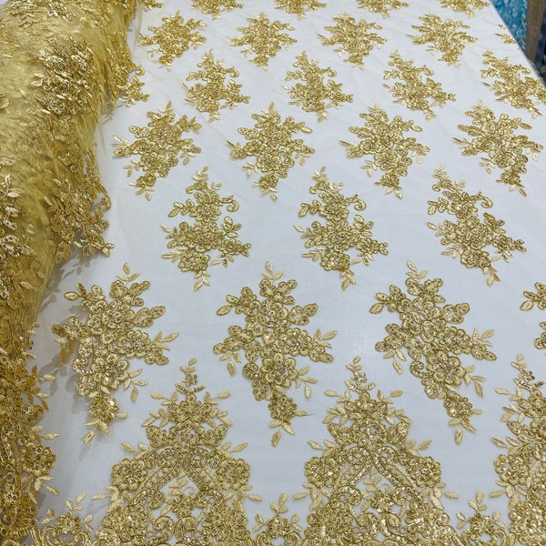 Gold With Metallic Thread Flower Design Embroidered on Mesh Lace Fabric, Floral Bridal Lace Wedding Dress by the Yard (Pick a Size)