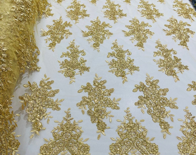 Gold With Metallic Thread Flower Design Embroidered on Mesh Lace Fabric, Floral Bridal Lace Wedding Dress by the Yard (Pick a Size)
