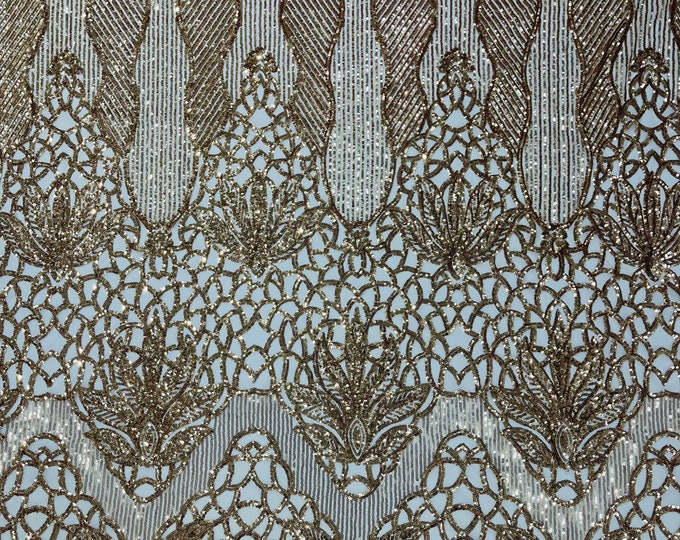 Gold Sequin Fabric | Floral Damask Design on a 4 Way Stretch | Gold Sequins Lace | Spandex Fabric For Prom-Gown By The Yard