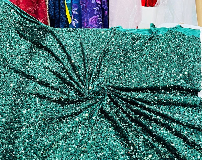 Hunter Green Sequin Fabric on Stretch Velvet - by the yard - all Over 5mm Sequins Velvet 2-way Stretch 58/60”