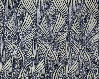 Navy Blue Sequin Fabric: Embroidered Damask Design, 4-Way Stretch