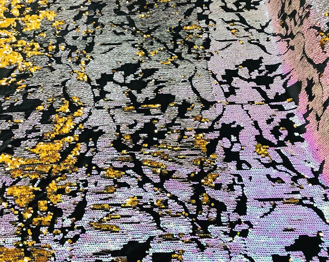 Aqua Iridescent/Gold Sequin on Black Stretch Velvet, Reversible Sequins all Over 5mm Flip Sequins 2-way Stretch 60” (Choose The Quantity)