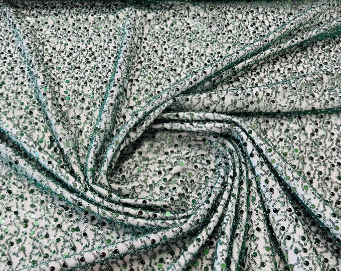 Hunter Green Embroidery Beaded Fabric By The Yard With Sequin Fabric, Sequin on Mesh Fabric, Handmade Lace, Beads on a Mesh