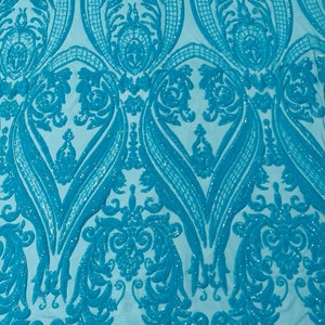 Turquoise Sequin Fabric - 4 Way Stretch Fancy Big Damask Design Sequins on Spandex Mesh Prom Gala Gown Fabric By The Yard