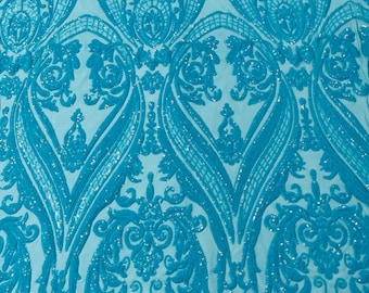 Turquoise Sequin Fabric - 4 Way Stretch Fancy Big Damask Design Sequins on Spandex Mesh Prom Gala Gown Fabric By The Yard