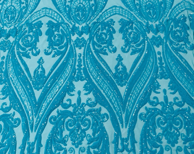 Turquoise Sequin Fabric - 4 Way Stretch Fancy Big Damask Design Sequins on Spandex Mesh Prom Gala Gown Fabric By The Yard
