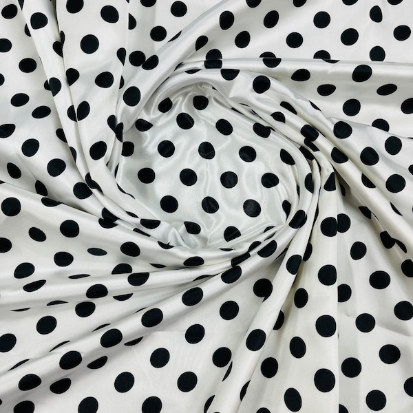 Mia Fabrics Inc, Polka Dot Satin Fabric - White /Black Dots - Super Soft Silky Satin Polka Dot Fabric Sold By Yard